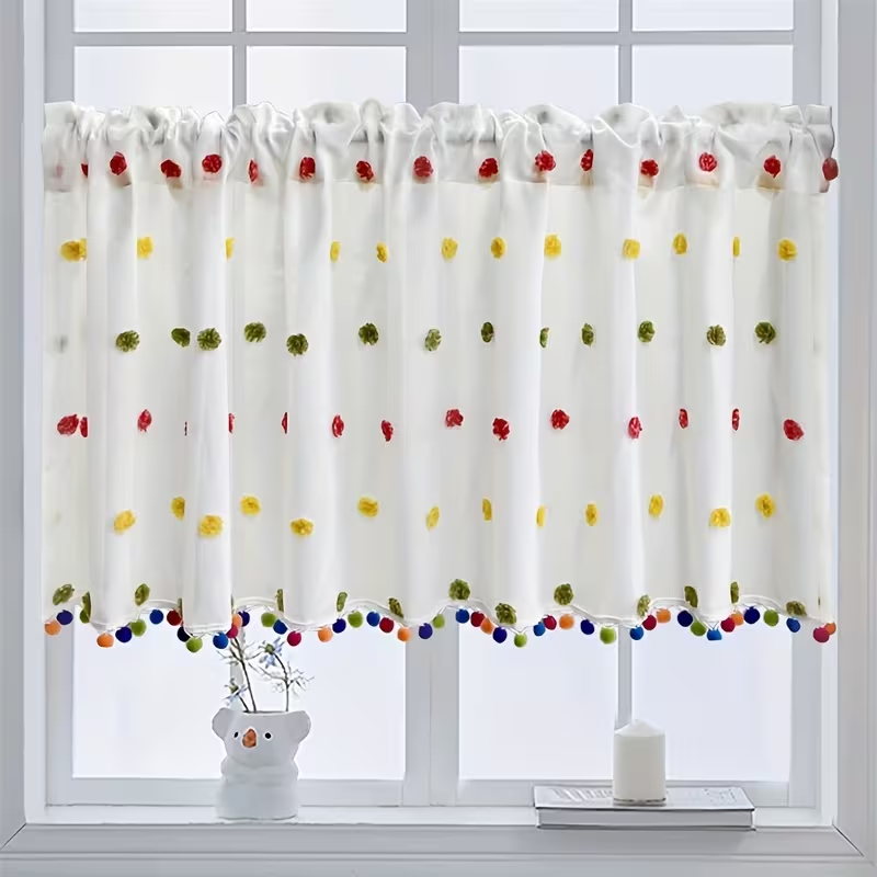 Fairy Light Curtain - 1pc Cream Thin Textured Dot Pom-pom