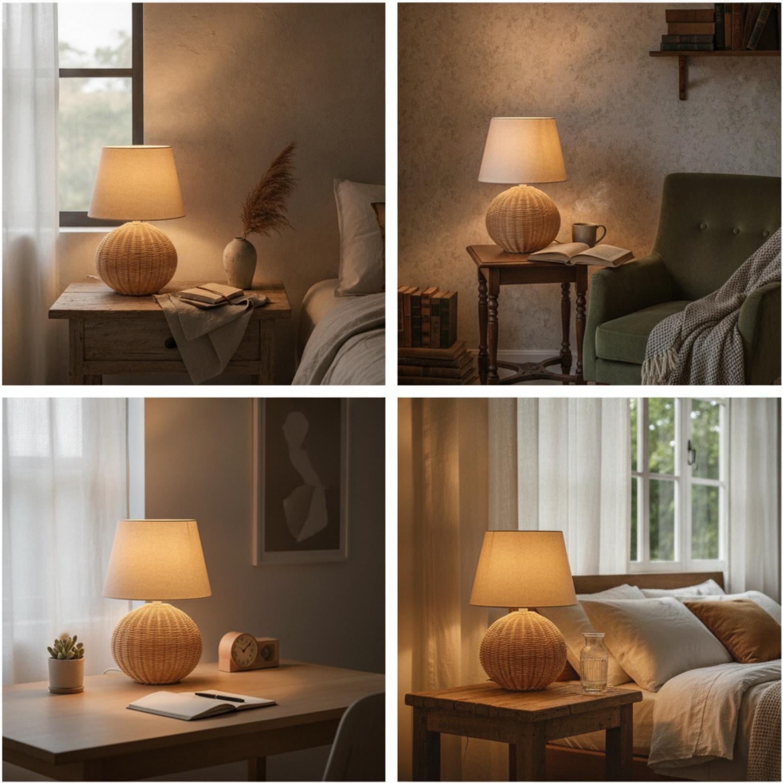 Bedside Lamp Rattan Base Fabri - Lighting Decor In Room 评论和价格